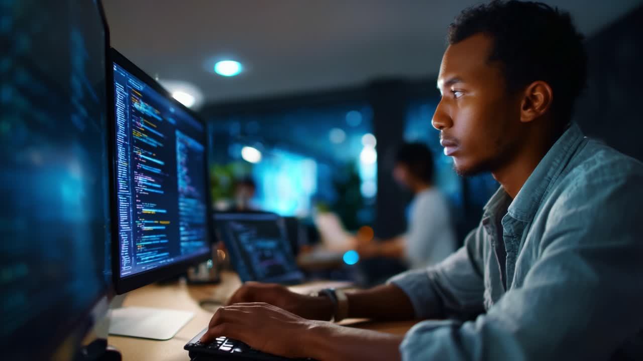 Focused Programmer Analyzing Code on Multiple Monitors in a Dimly Lit Workspace, Showcasing the Intensity of Software Development and Problem Solving