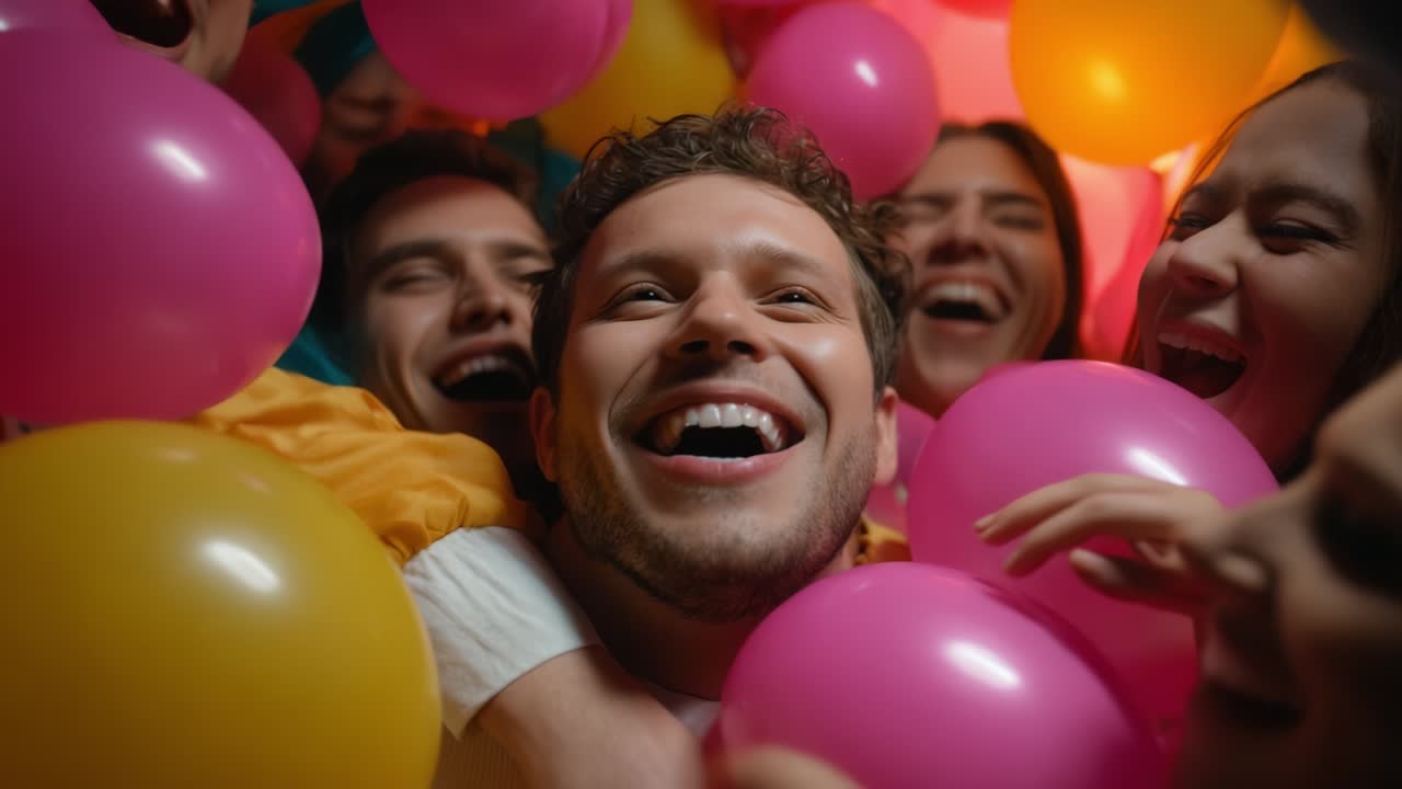 A joyous celebration scene filled with colorful balloons, laughter, and smiling faces, capturing the essence of friendship and happiness in a vibrant party atmosphere