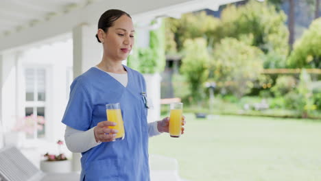 woman, nurse and breakfast juice in elderly care