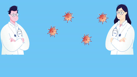 animation of covid 19 virus cells and doctor icons over blue background