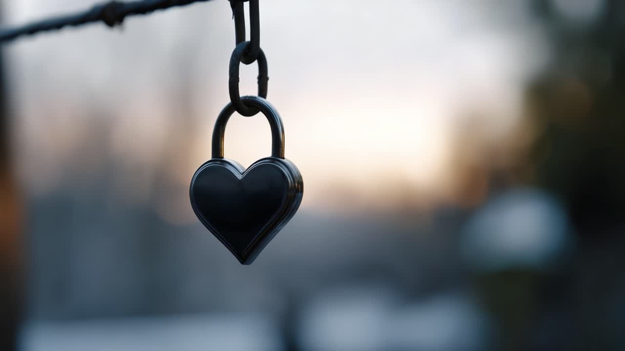 Un lucchetto a forma di cuore è appeso delicatamente a un filo arrugginito su uno sfondo naturale leggermente sfocato, a simboleggiare amore e connessione in un’atmosfera serena.