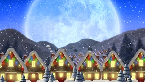 Animation-Von-Schnee,-Der-über-Schneebedeckte-Häuser-Fällt,-Die-Mit-Weihnachtslichtern-Und-Mond-Geschmückt-Sind