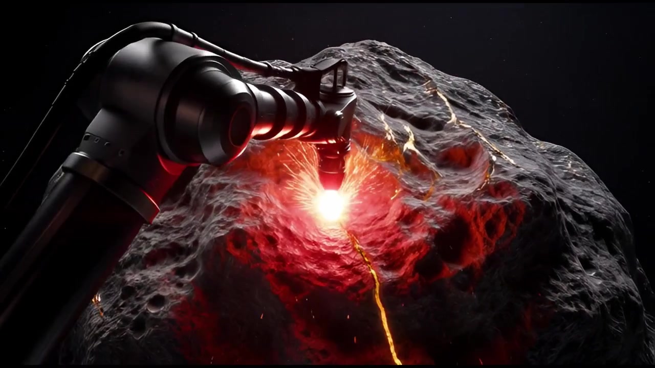 Braccio robotico che estrae oro con laser da un asteroide nello spazio