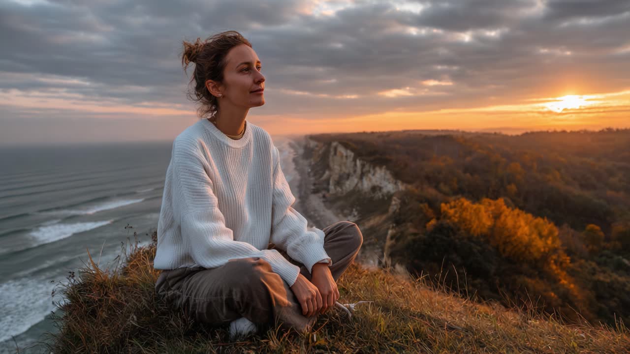 Contemplative Moments: A Woman Sitting on a Cliffside at Sunset, Enjoying the Serene Beauty of the Ocean and Sky, Bathed in Warm Golden Light