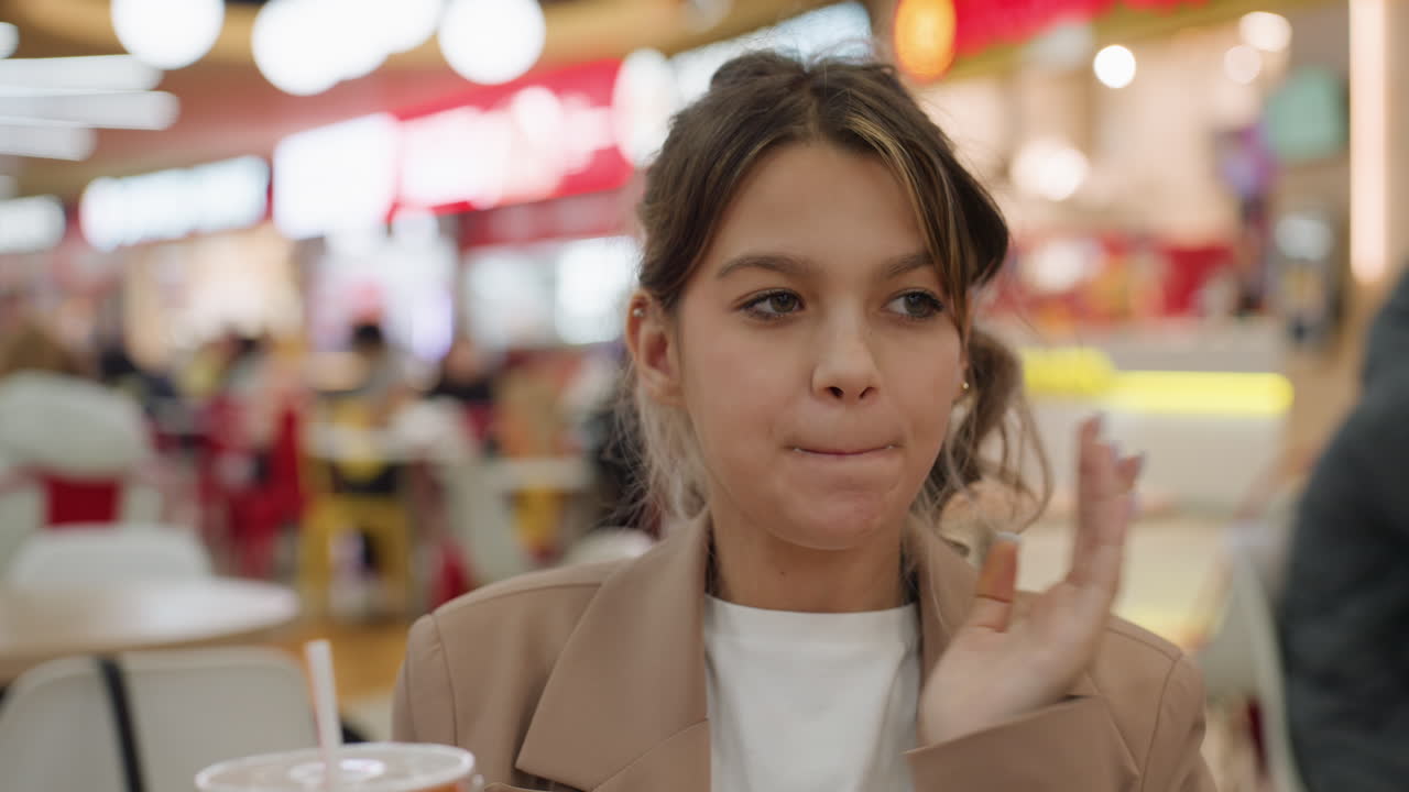 Primo piano di una donna che assapora un succoso cheeseburger, scatto spontaneo che cattura una donna mentre addenta un saporito panino al sesamo, momento intenso di una donna che gusta un sostanzioso hamburger durante un'animata scena in tribunale