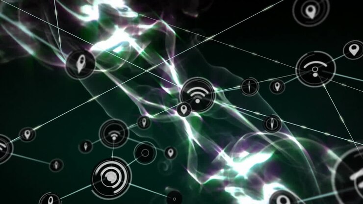 Network connectivity icons animation over abstract glowing lines and shapes