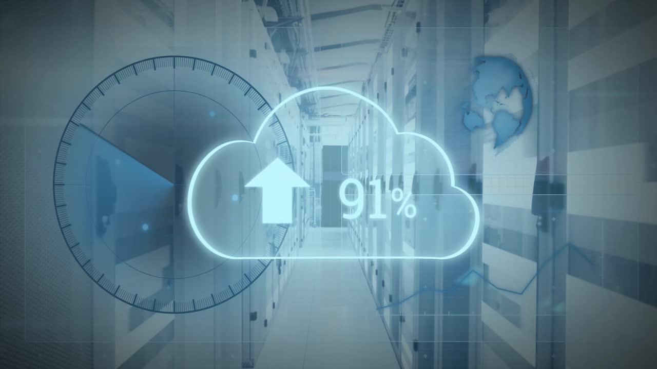 animación del icono de carga de datos en la nube, escáner redondo y procesamiento de datos contra la sala de servidores de computadoras