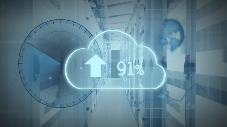 Animation of cloud data upload icon, round scanner and data processing against computer server room