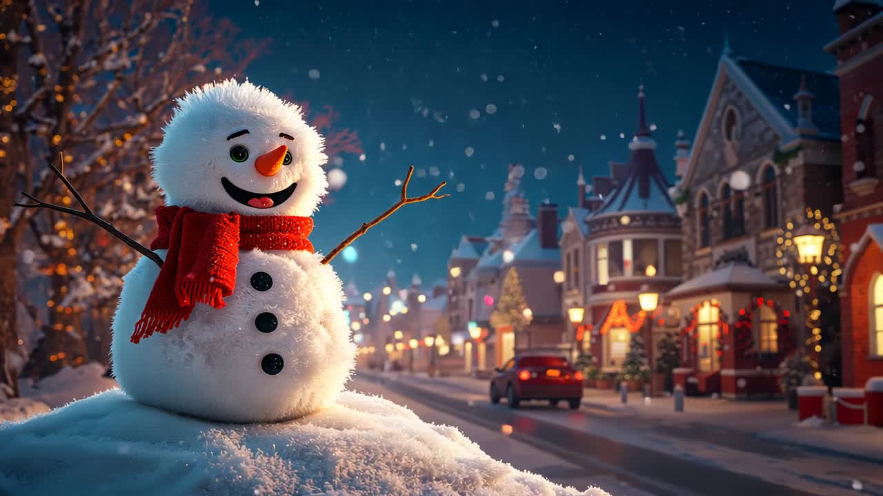 Drifting flakes layering onto snowman in red scarf atop snowy street, passing sedan, copy space