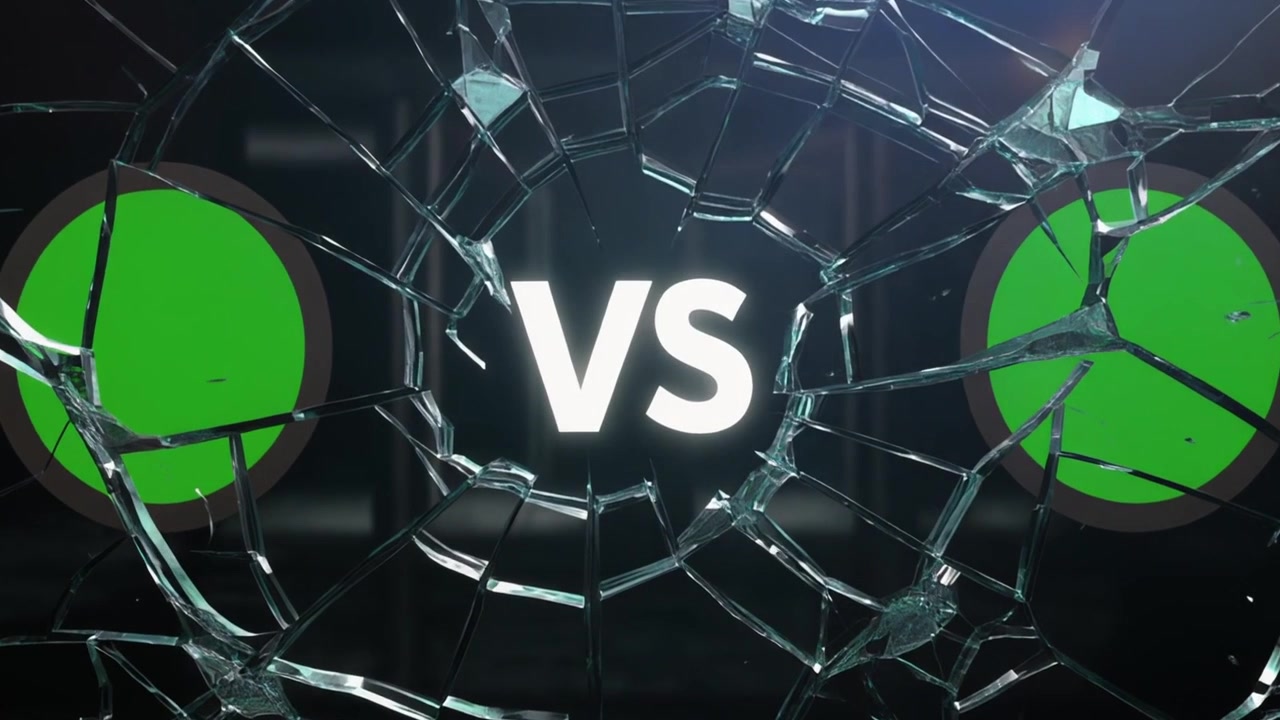 Versus Text Display Behind Shattered Glass with Green Screen Circles