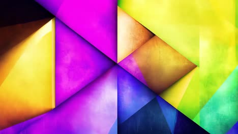 A colorful abstract painting with a lot of reds and oranges. The painting is made up of triangles and squares