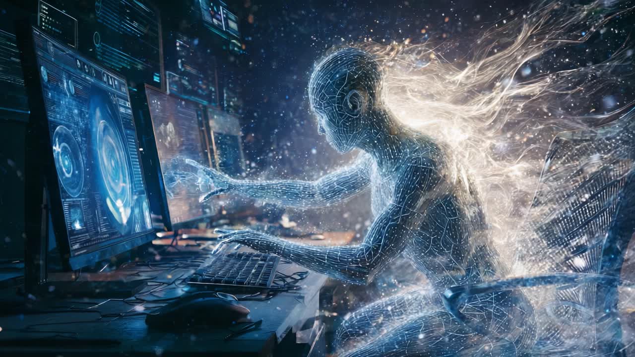 A digital entity immersed in a high-tech environment, interacting with multiple screens that display complex data visualizations, demonstrating the fusion of technology and human-like presence