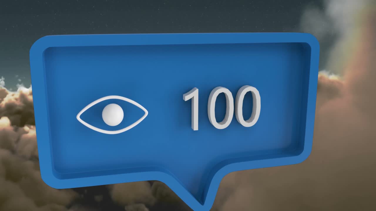 animación del icono del ojo con números en la burbuja del habla sobre el cielo y las nubes