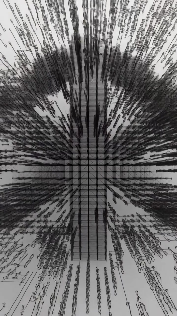 Vertical video: Playback starting, grid of tall dark pins extending into tiered arrow on white wall