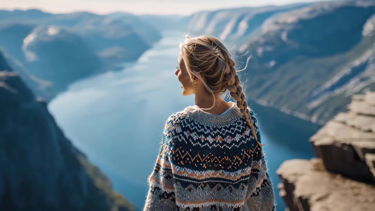 Rear view of a young woman in warm knit sweater standing on a cliff and looking over a dramatic fjord and mountains in soft morning light, travel nature concept