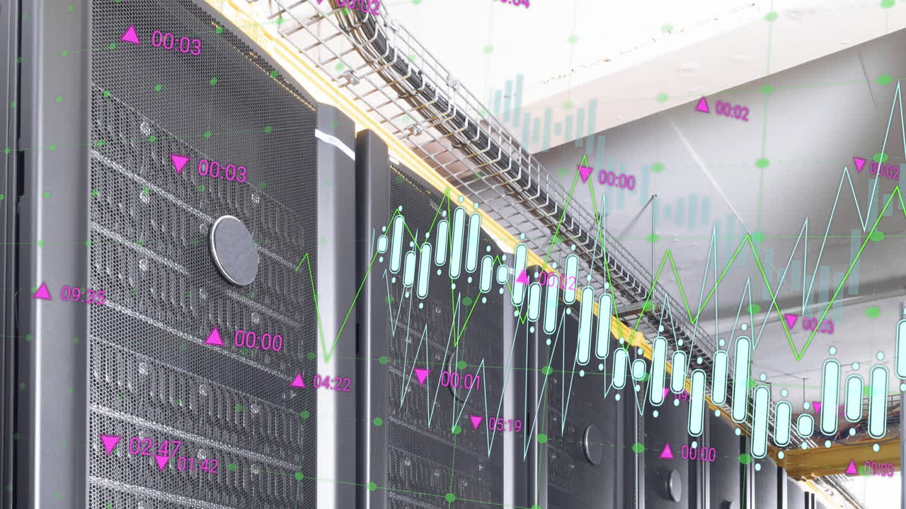 Animazione dell'elaborazione dati su sfondo di una sala server di computer.