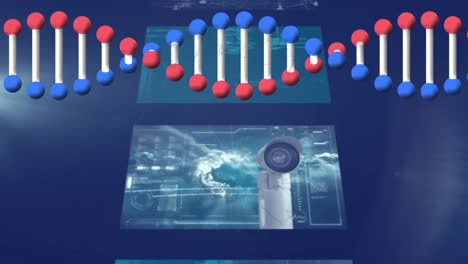 Animation-of-dna-strand-spinning-over-data-processing-on-screens