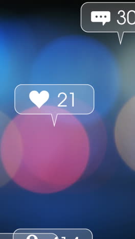 animación de iconos y números de redes sociales sobre semáforos desenfocados