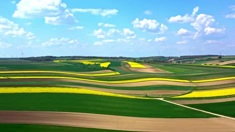 Panoramablick-Auf-Die-Landschaft-Von-Rapsfeldern-Mit-Windmühlen-An-Einem-Sonnigen-Tag