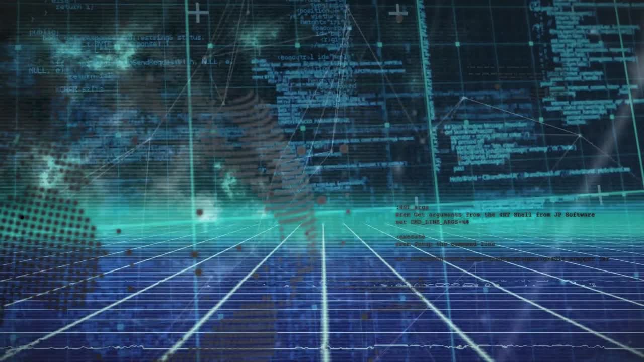 Animation of data processing and globe in green and blue digital space