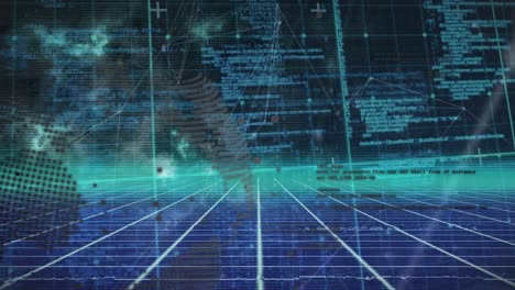 animazione dell'elaborazione dei dati e del globo in spazio digitale verde e blu