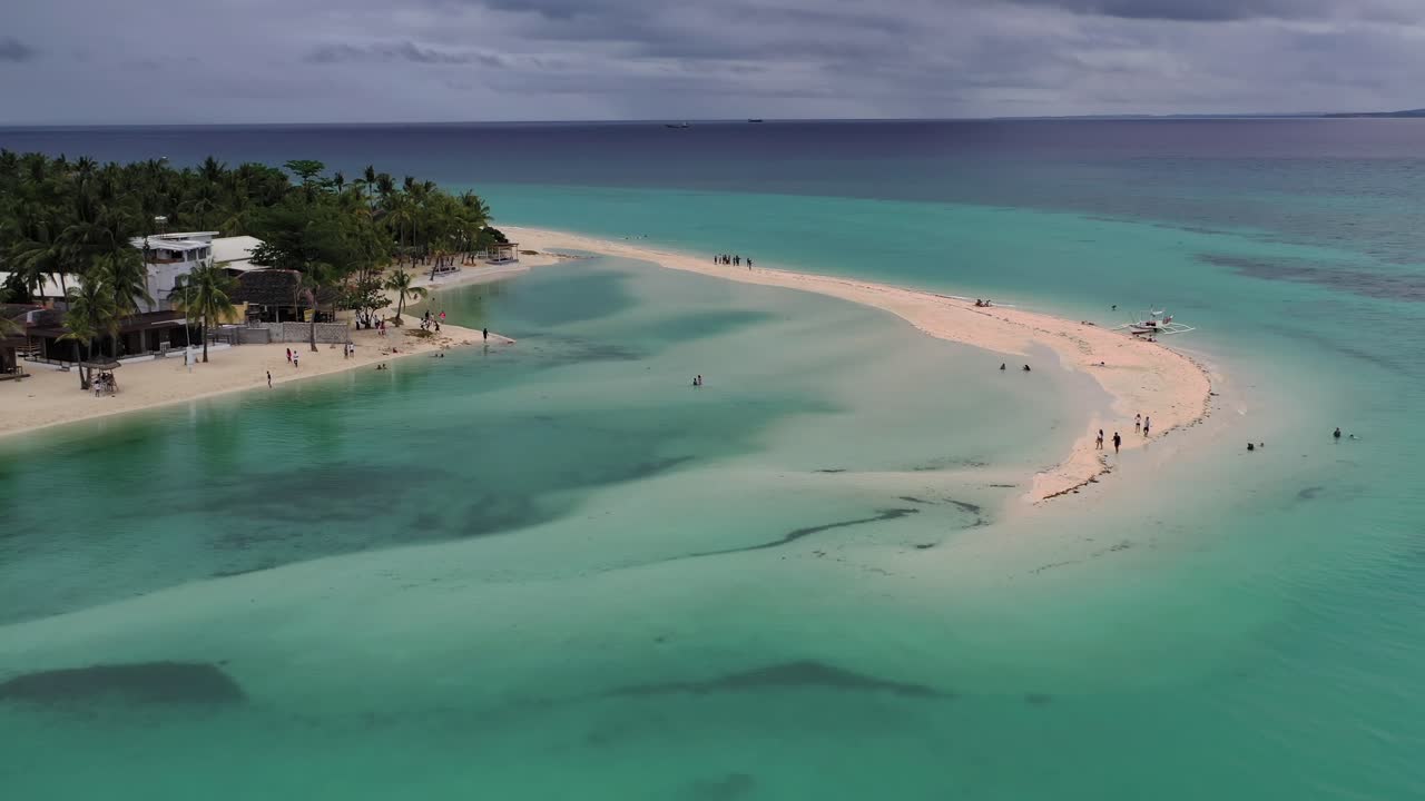 Kota beach sand bar in Bantayan Island Philippines, Aerial flyover shot