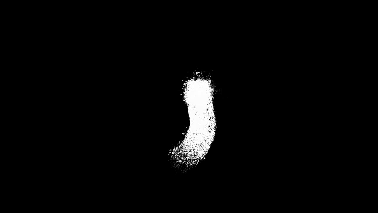 Forma di virgola animata bianca a particelle su sfondo nero