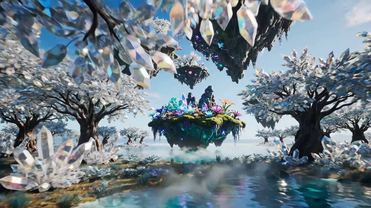 Fantasy Landscape with Floating Islands and Crystal Trees