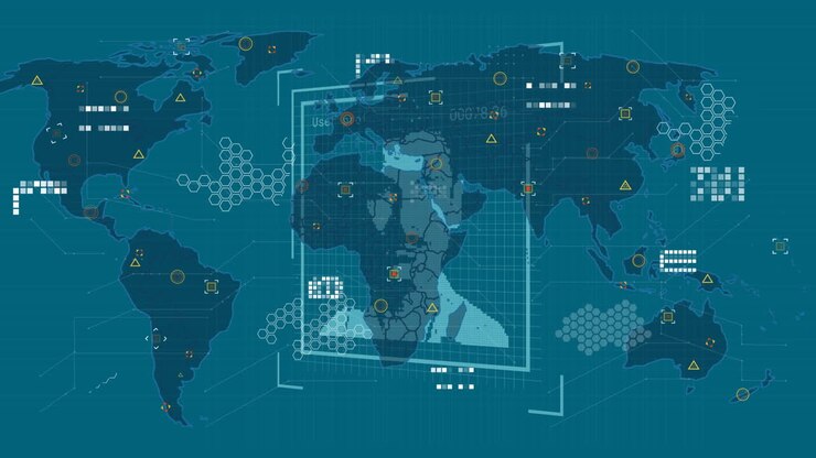 Animation of data processing with people portraits over world map on blue background
