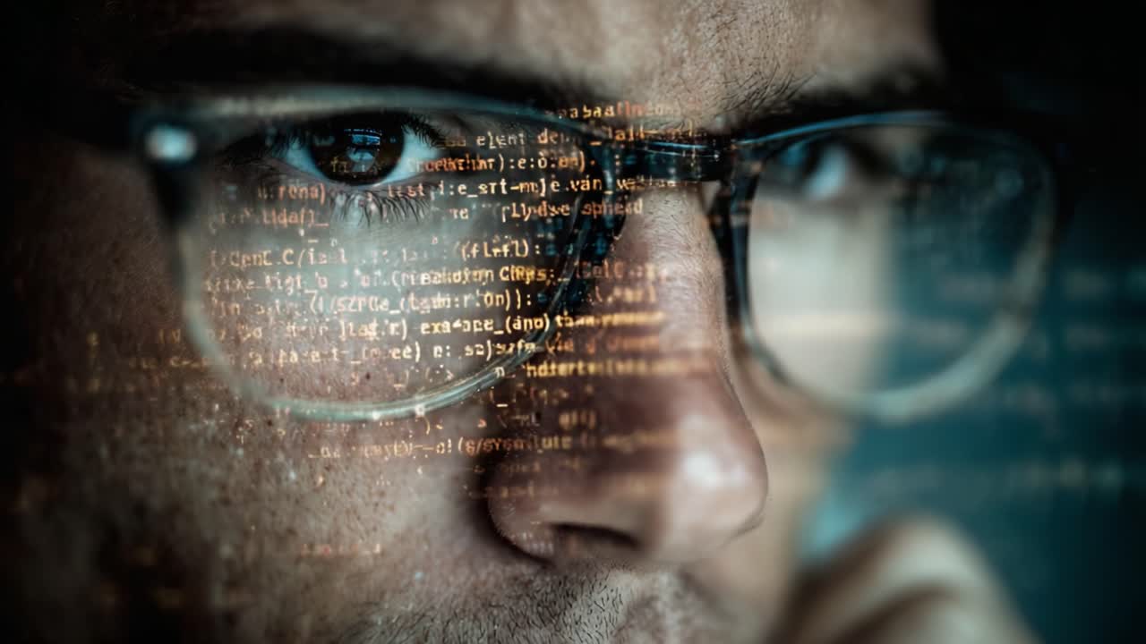 A Close-Up of an Individual Deep in Thought, Analyzing Complex Code Reflections with Intense Concentration, Showcasing the Intricacies of Programming and Focused Dedication
