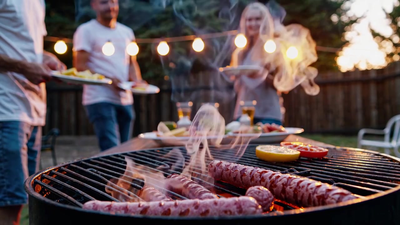 Primo piano di salsicce che grigliano sul barbecue con amici a una festa in giardino
