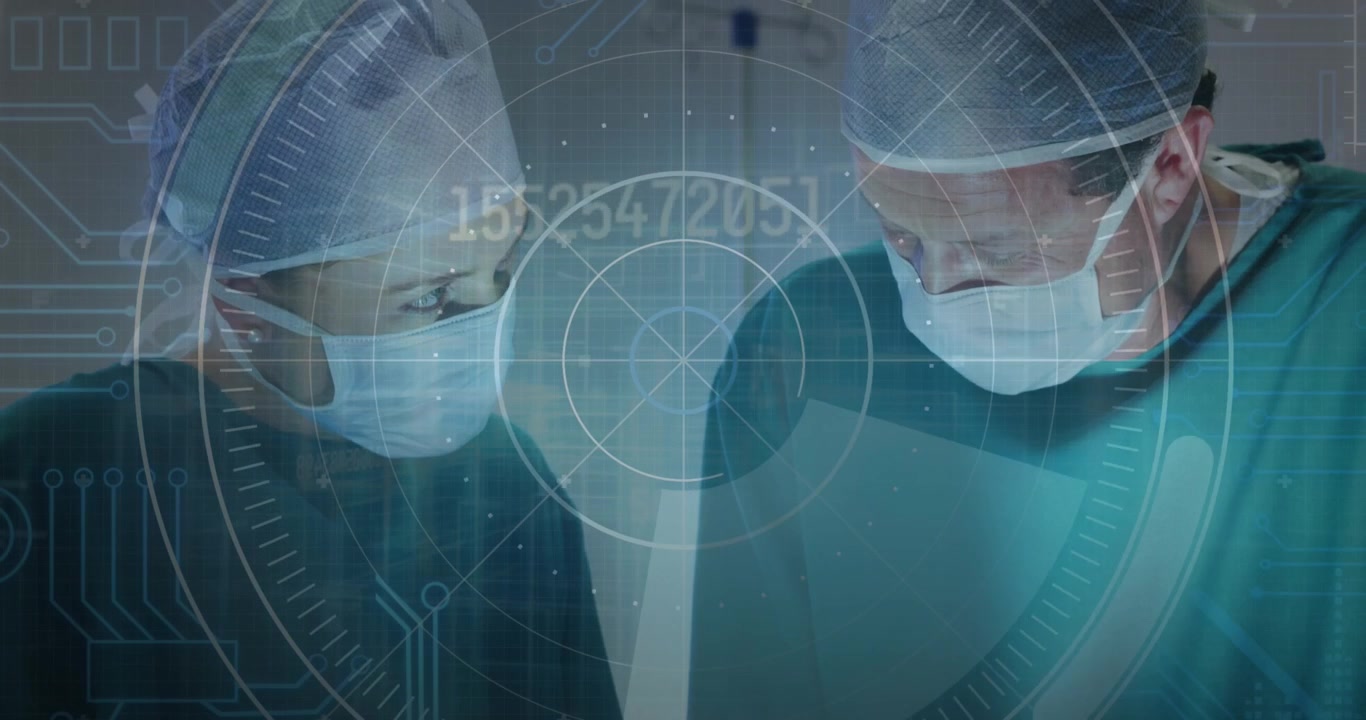 Chirurghi che eseguono un'operazione con sovrapposizione di dati digitali