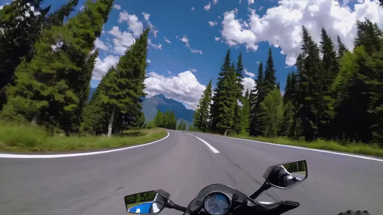 POV video of a motorcycle ride on a scenic mountain road, framed by tall trees and a vibrant blue