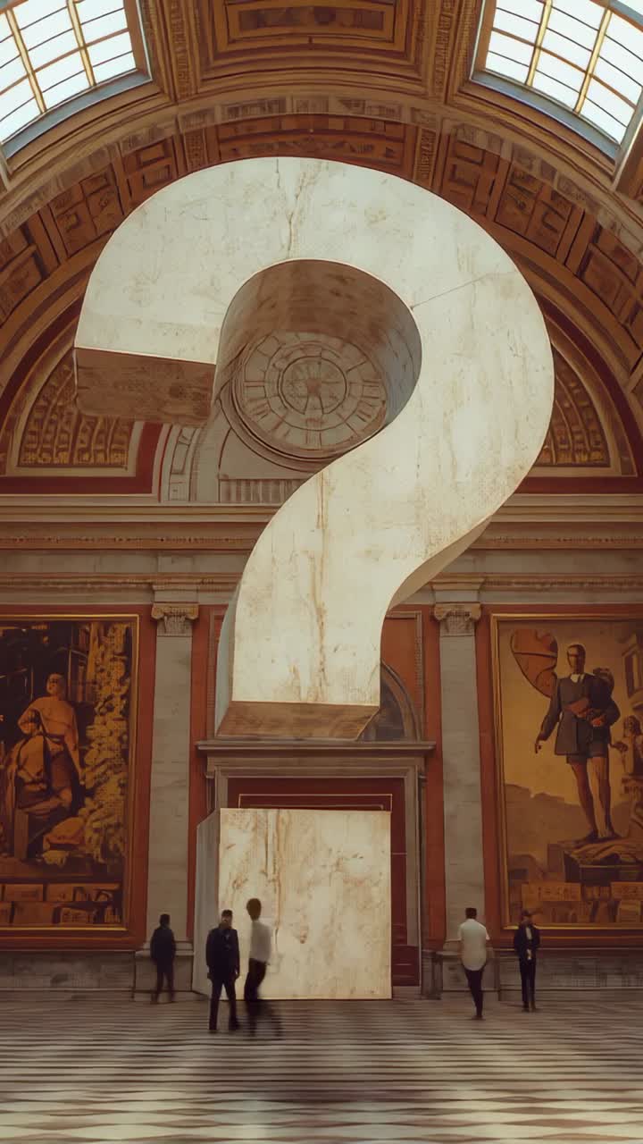 Vertical video: Entering guests in suits crossing hall, pausing at question mark sculpture to view