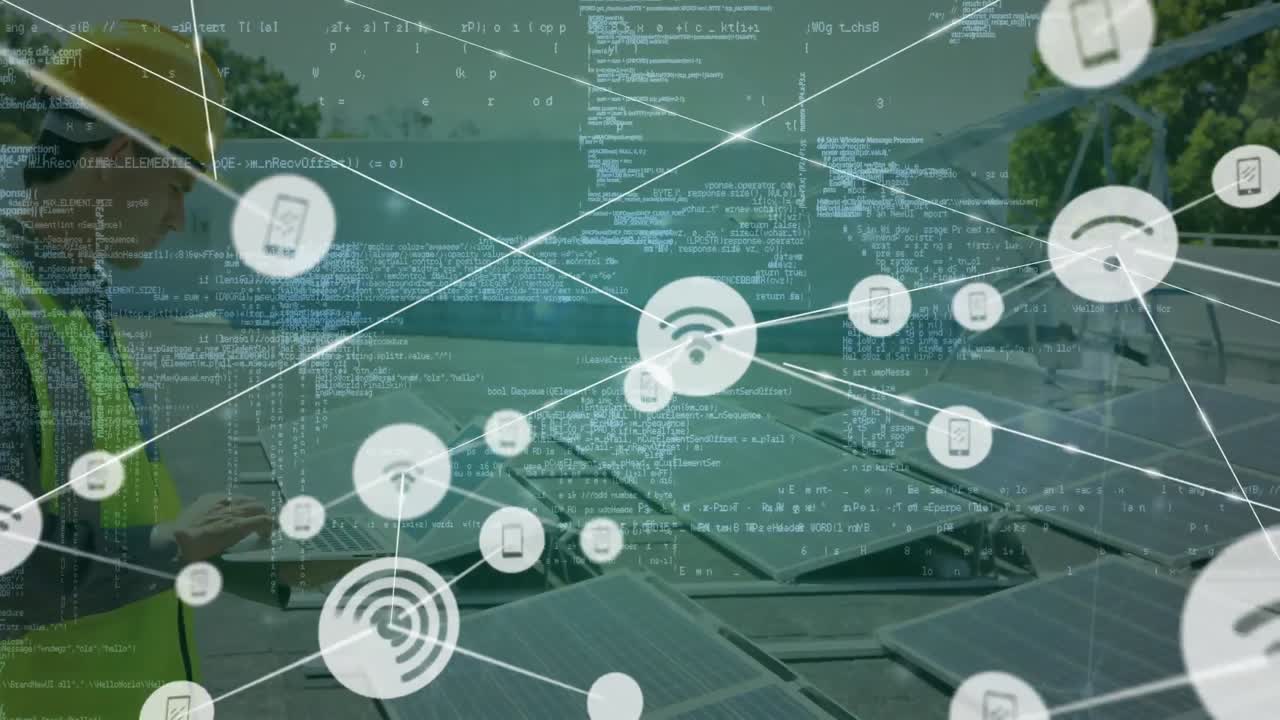 지붕에 태양 전지 패널을 설치하는 백인 남성 노동자 위의 디지털 아이콘 네트워크의 애니메이션