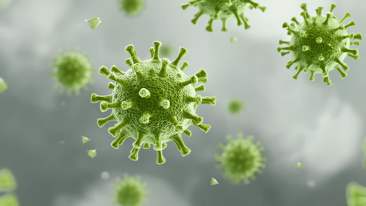 Camera zooming toward green virus particle under microscope, revealing spikes, debris fragments