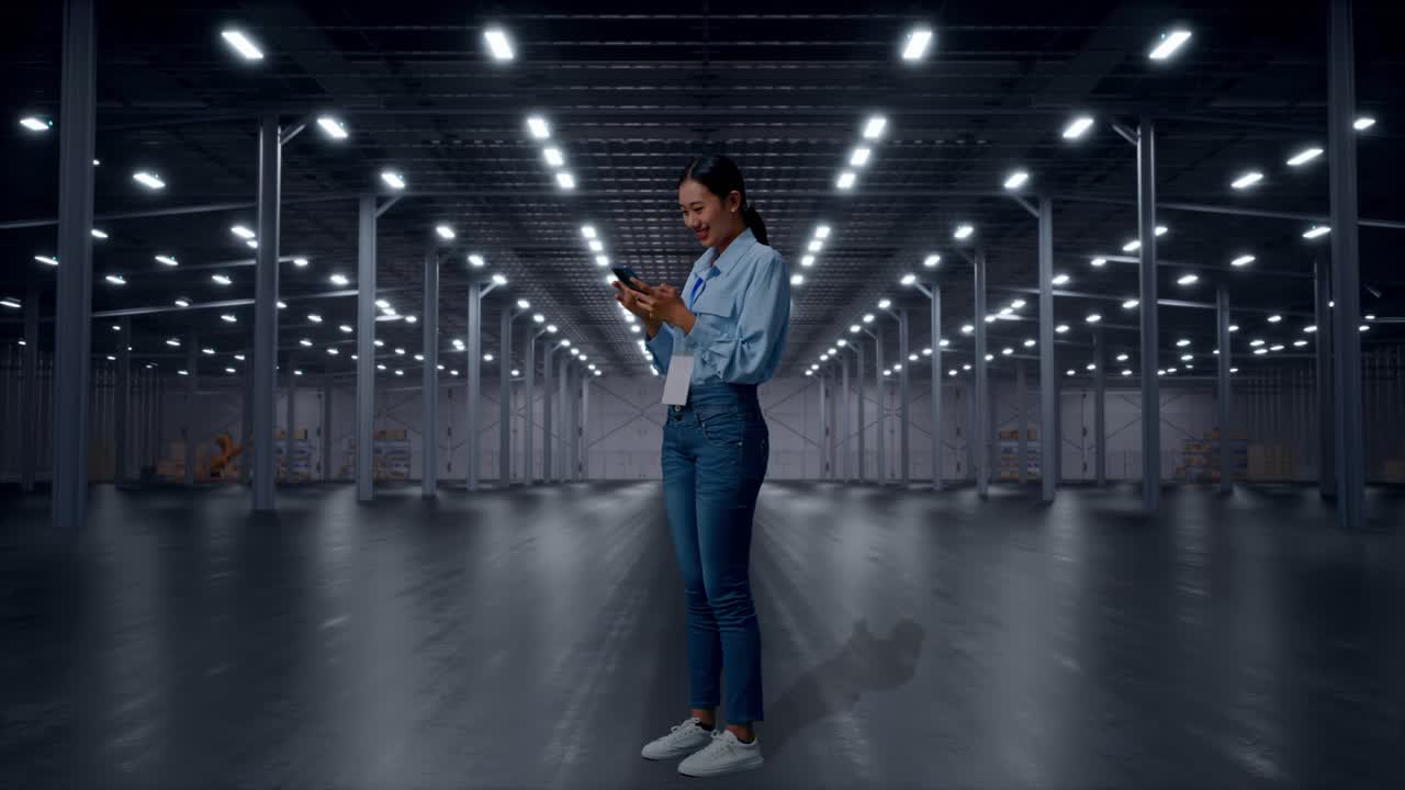 Full Body Side View Of Asian Female With Her Phone in Empty Modern Warehouse, Working Continuously With Her Phone