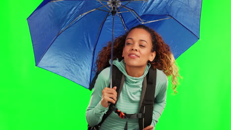 young woman, umbrella and rain by green screen