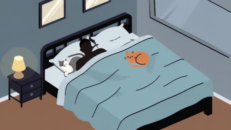 person sleeping peacefully with cats in bed
