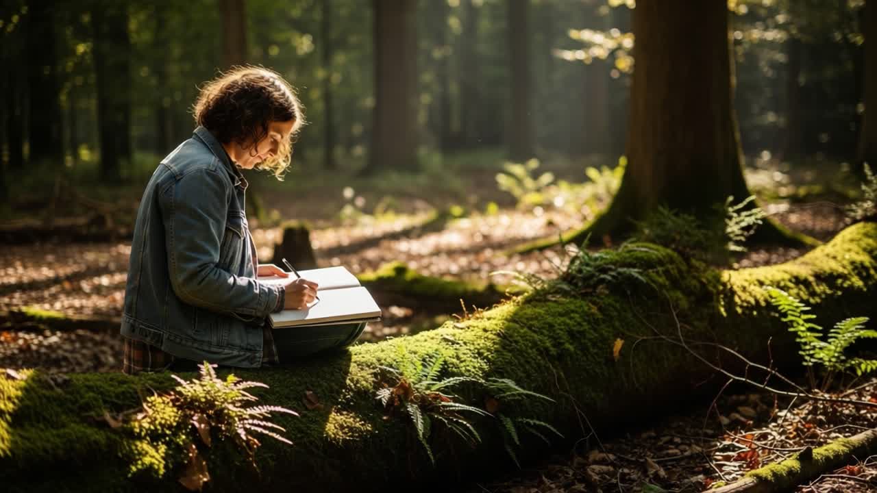 A Young Artist Engaged in Creative Exploration While Sketching in a Serene Forest Environ, Capturing Nature's Beauty and Tranquility on a Sunny Day