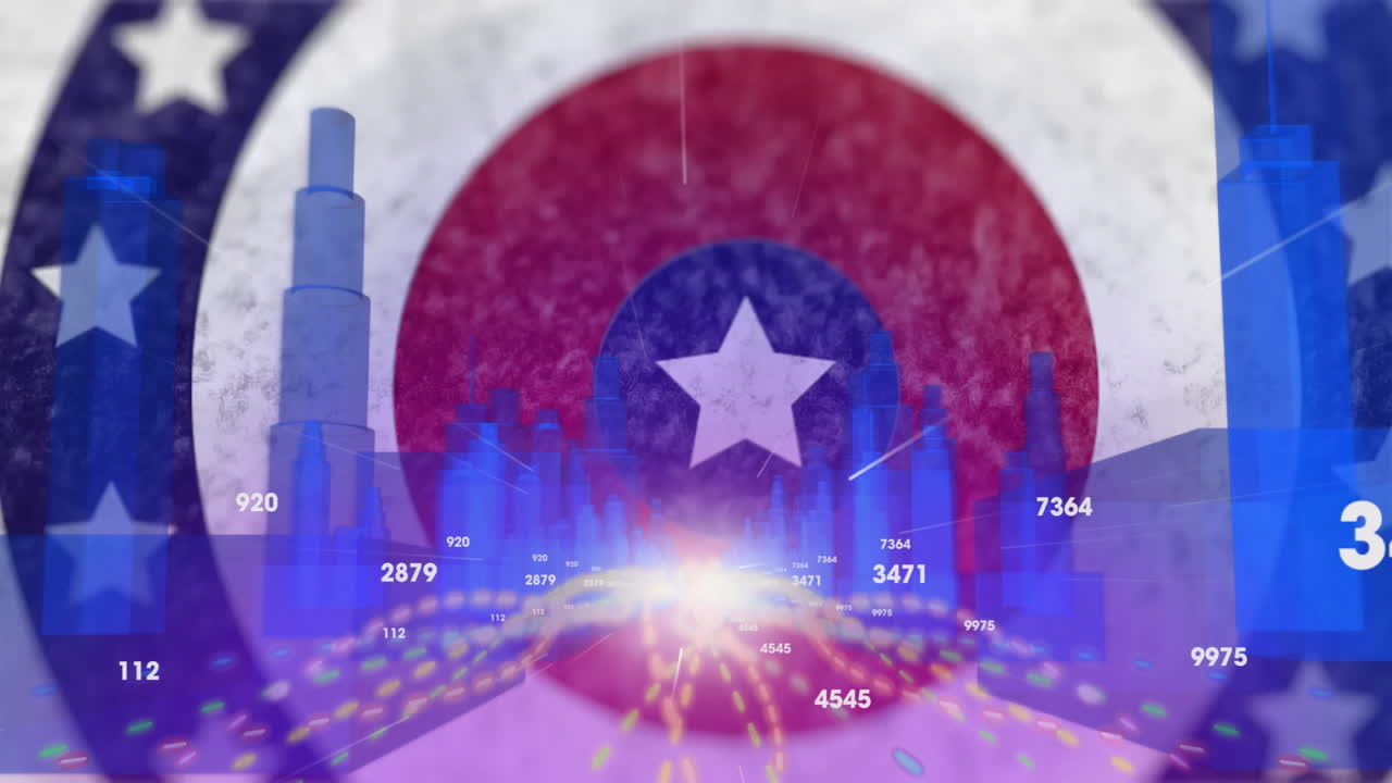 Animation of cityscape with numerical data overlay and star emblem in background
