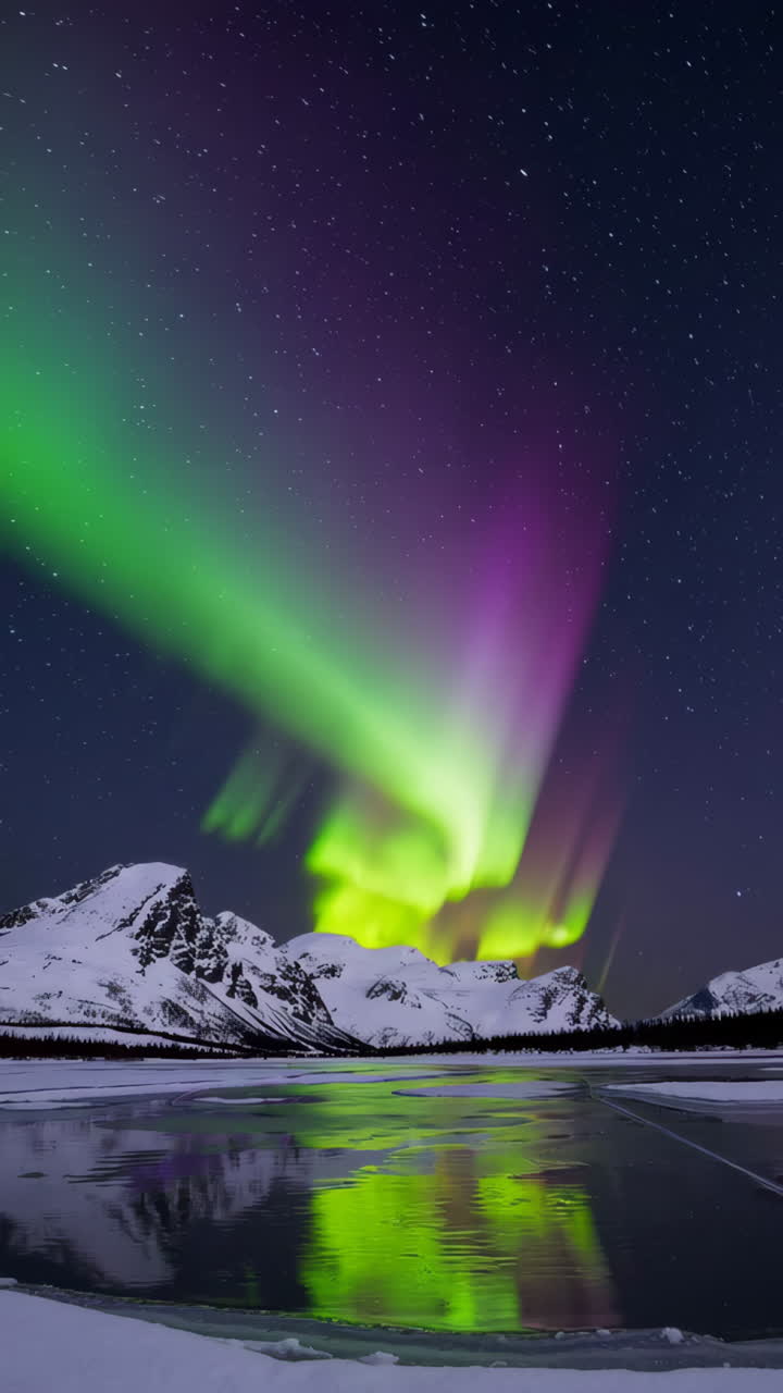 Vibrant Aurora Borealis Over Snowy Mountains and Reflective Lake