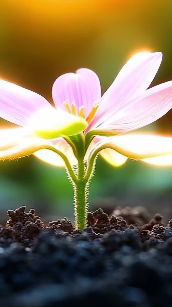New flower blooms in sunlight on soil. A delicate pink flower emerges from dark soil under the warm sunlight, signaling the arrival of spring.