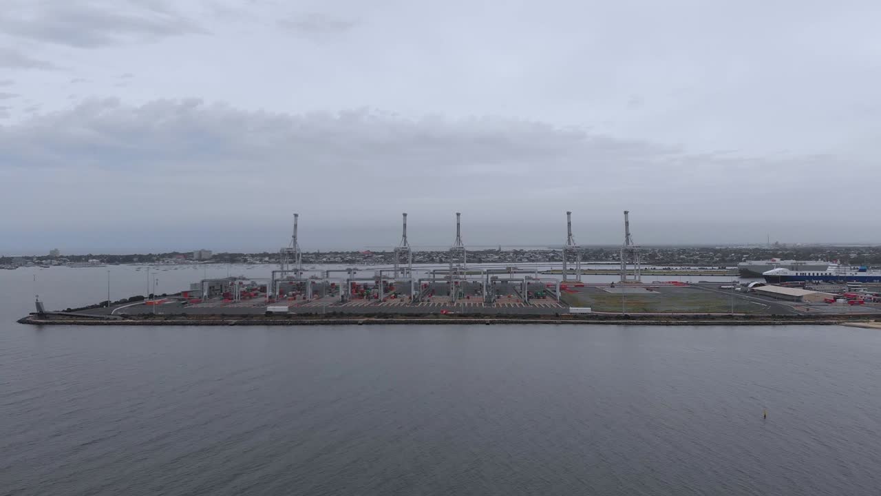 Drone Flying Towards Shipping Container Lifting Cranes Melbourne