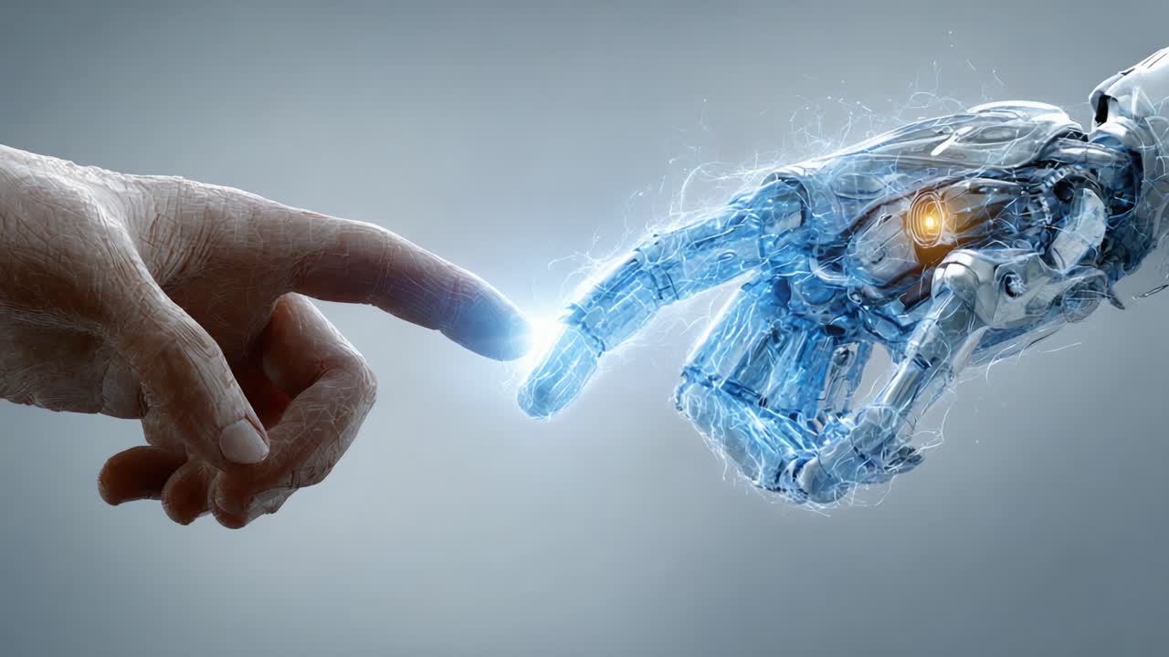 Hluboké spojení mezi lidstvem a technologií: Symbolický dotyk lidské a robotické ruky ve futuristickém zobrazení interakce AI
