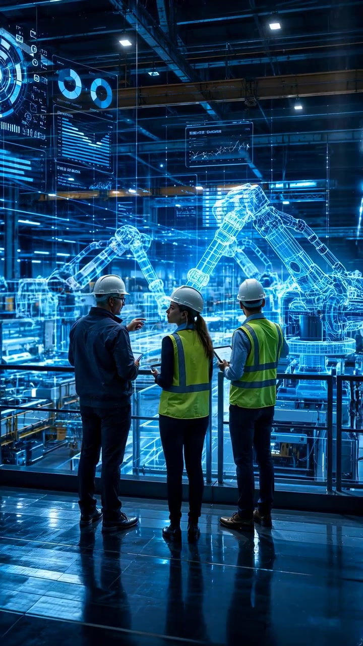 Three workers in hard hats and safety vests stand with their backs to the viewer, watching glowing robotic systems and digital control panels in a bright