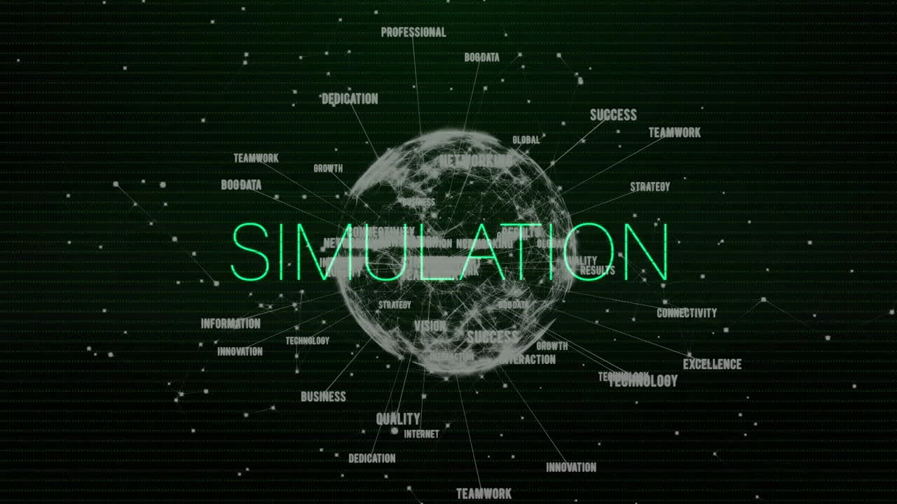 검은색 바탕에 지구와 연결을 가진 시레이션 텍스트에 대한 간섭의 애니메이션