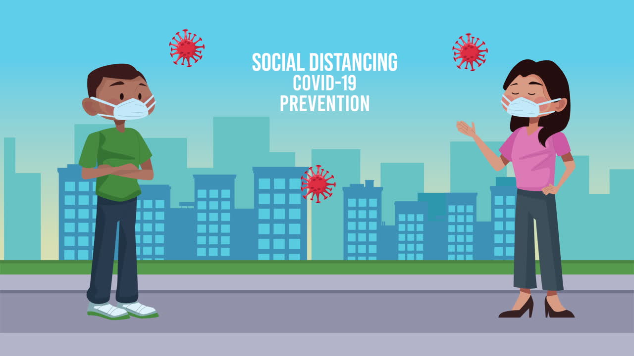 사회적 거리를 지키는 인종 간 커플 코로나19 예방 메시지
