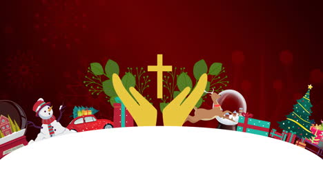 animation of christian cross and christmas decorations over winter scenery