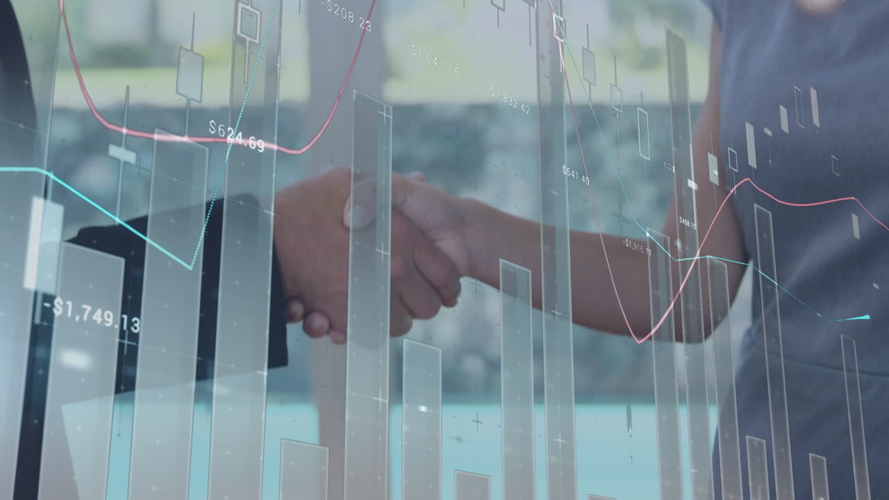 Animación de procesamiento de datos financieros sobre gente de negocios caucásica estrechando manos.